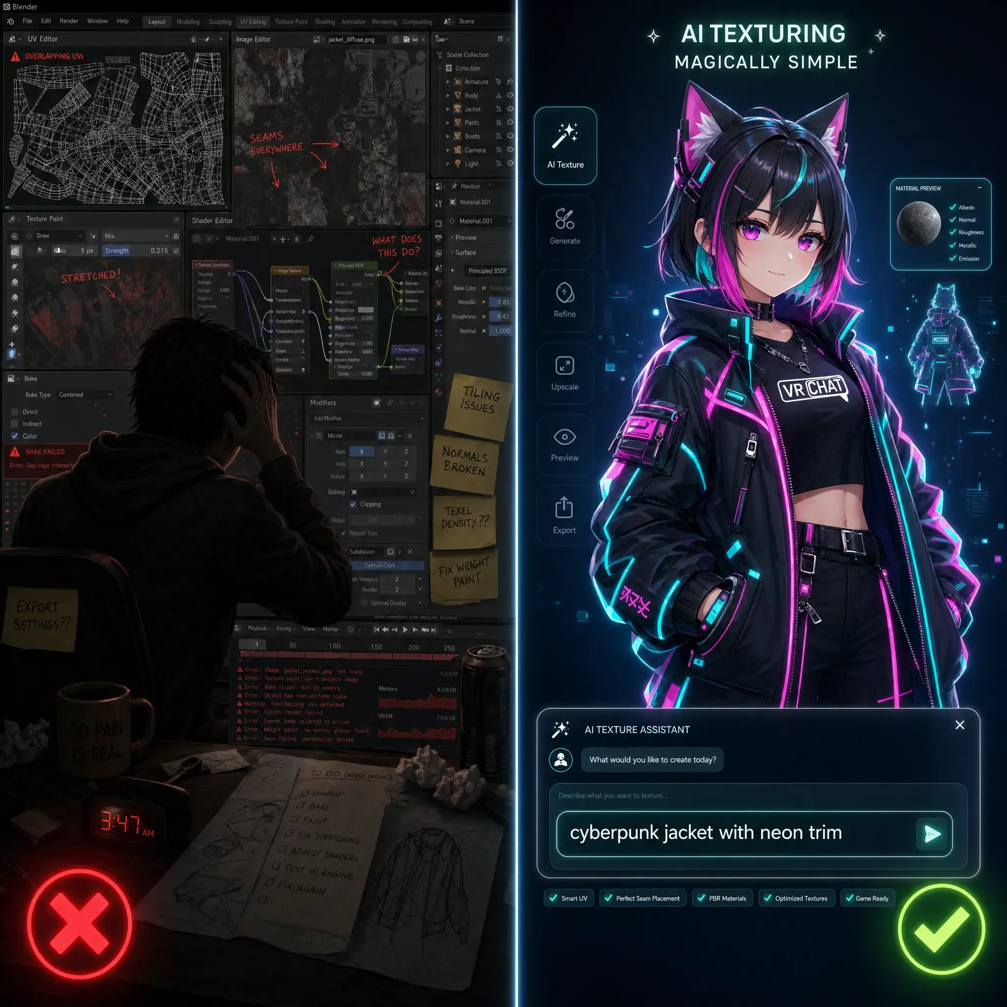 Comparison of manual texturing in Blender vs AI texturing for VRChat avatars