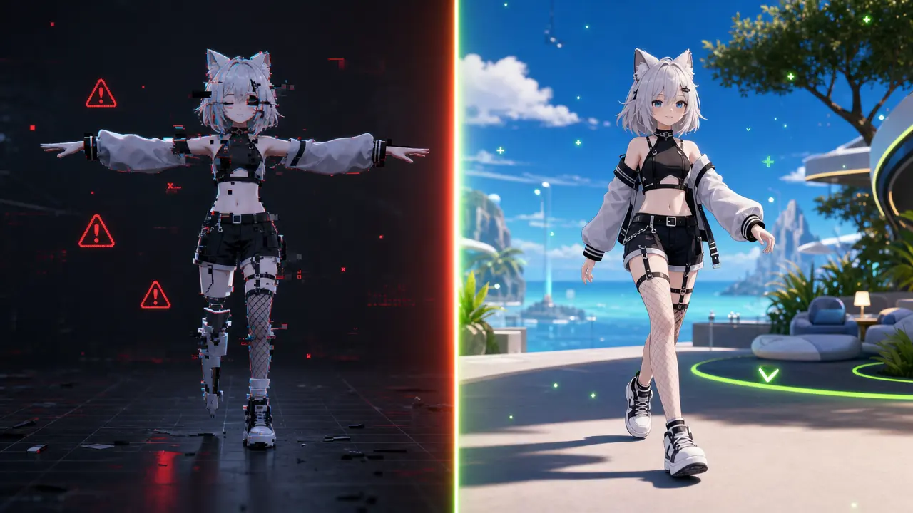 Comparison of a broken T-pose avatar in Unity vs a smoothly animated avatar in VRChat Avatar Maker
