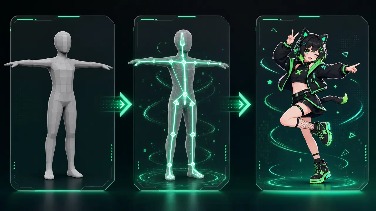 Pipeline showing a static avatar turning into a rigged and fully animated VRChat character