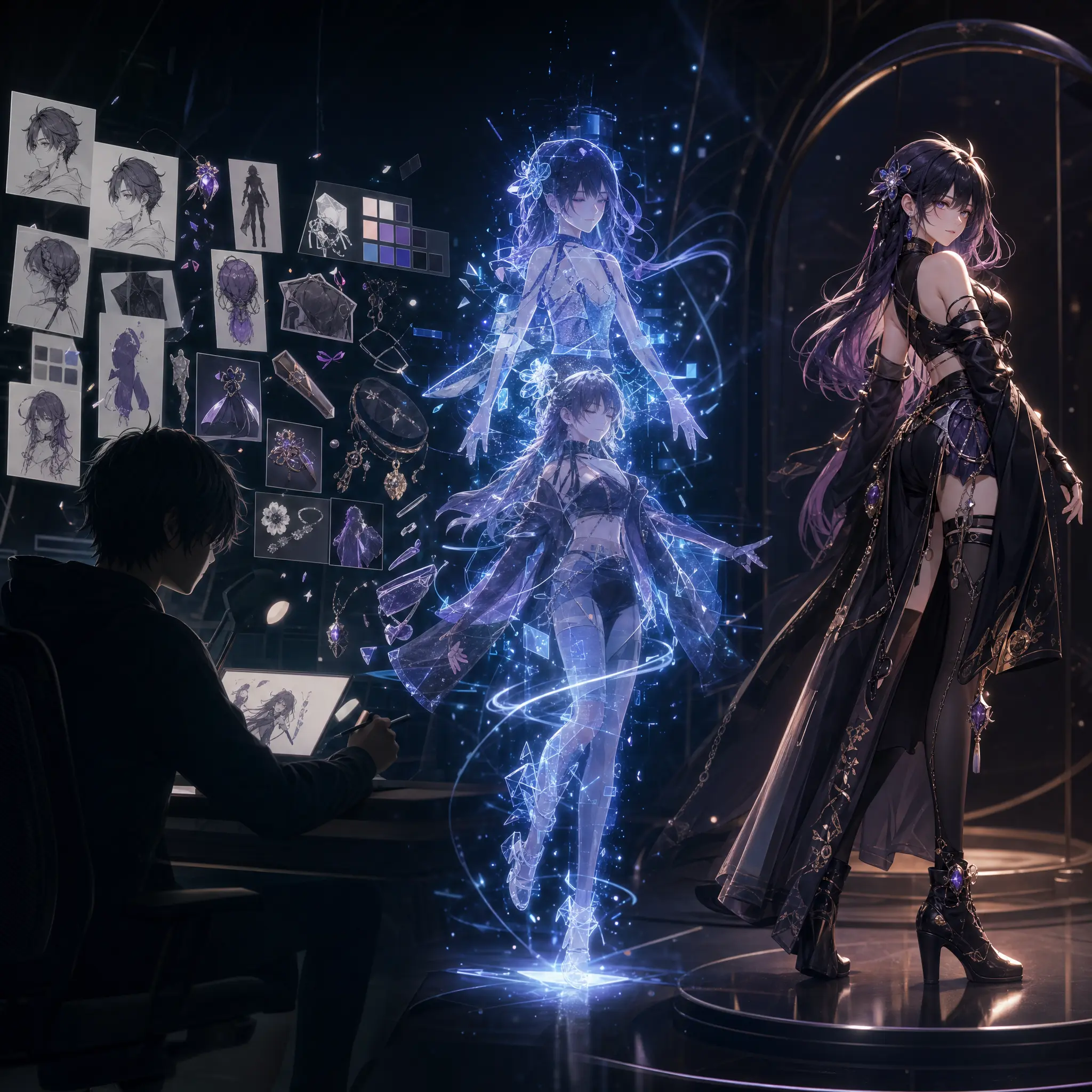 Custom VRChat avatar creation flow from character concept and references to a previewable personalized 3D model